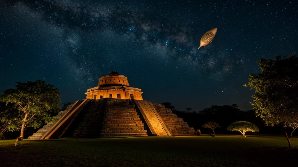 Mayan civilization and the flying saucer above, at night