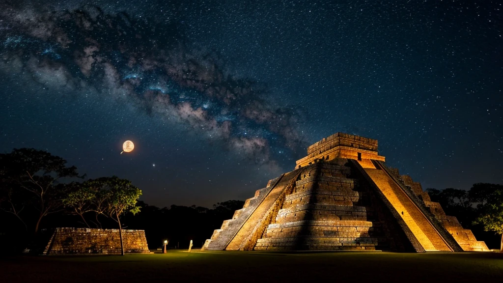 Mayan civilization and the flying saucer above, at night
