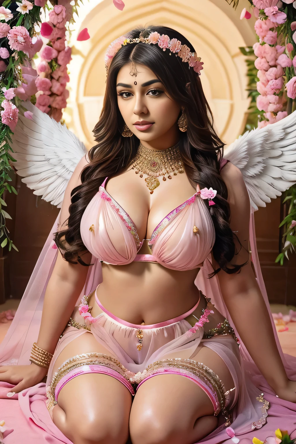 Hansika Motwani is a angel, Big breast, Big . Indian Apsara, indian angel. Curvy figure, beautiful face, beautiful figure, flowers stage. On her head flowers garland. She has angel wings. Her body cover with flowers. Pink colour outfit, All outfits made with flowers. Transparent outfit.