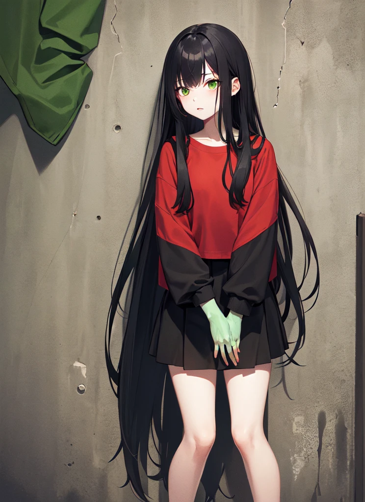 Skin of color，Green Skin，Girl，Black long hair，Red top，Green Skin，whole body，Green Skin，Bare legs，Zombification，Standing by the wall，Red top，Black skirt，Black hair