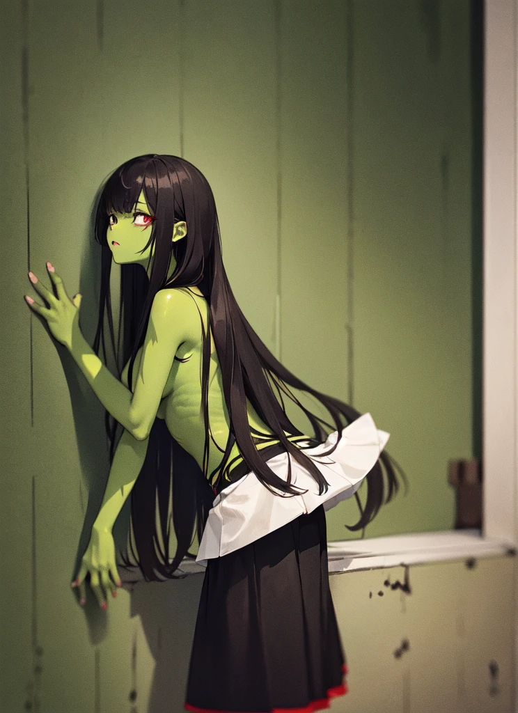 Skin of color,Green Skin,Girl,Black long hair,Red top,Green Skin,whole body,Green Skin,Bare legs,Zombification,Standing by the wall,Red top,Black skirt,Black hair