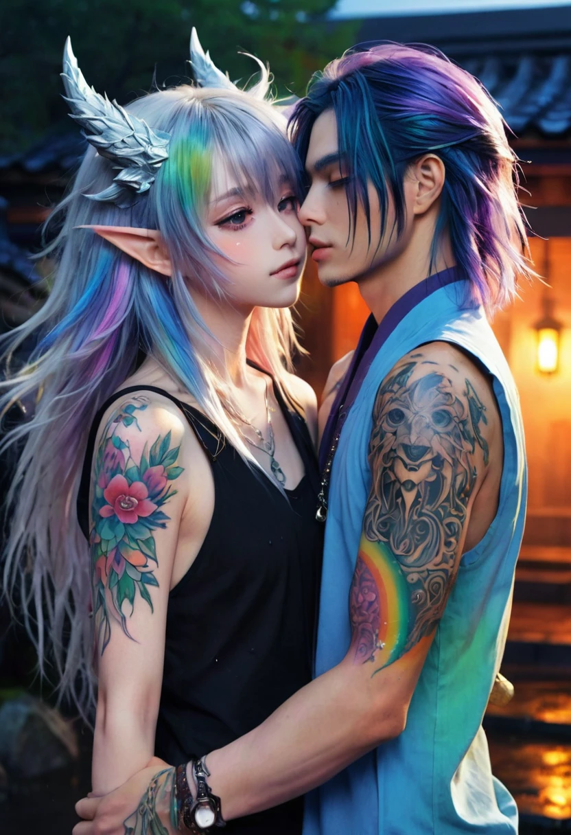 An ethereal sultryseductivedemonic 20 year old anime male druid with metallic long hair and tattoos, intimately holding and almost kissing a 20 year old anime male, anime druid demon male hellscape at night, manga inspired by Masashi Wakui, rainbow color palette, atmospheric fog, decay, worn textures, rain-soaked fantasy village, manga-style illustration --s 150 --ar 1:2 --c 5 Removed From Image