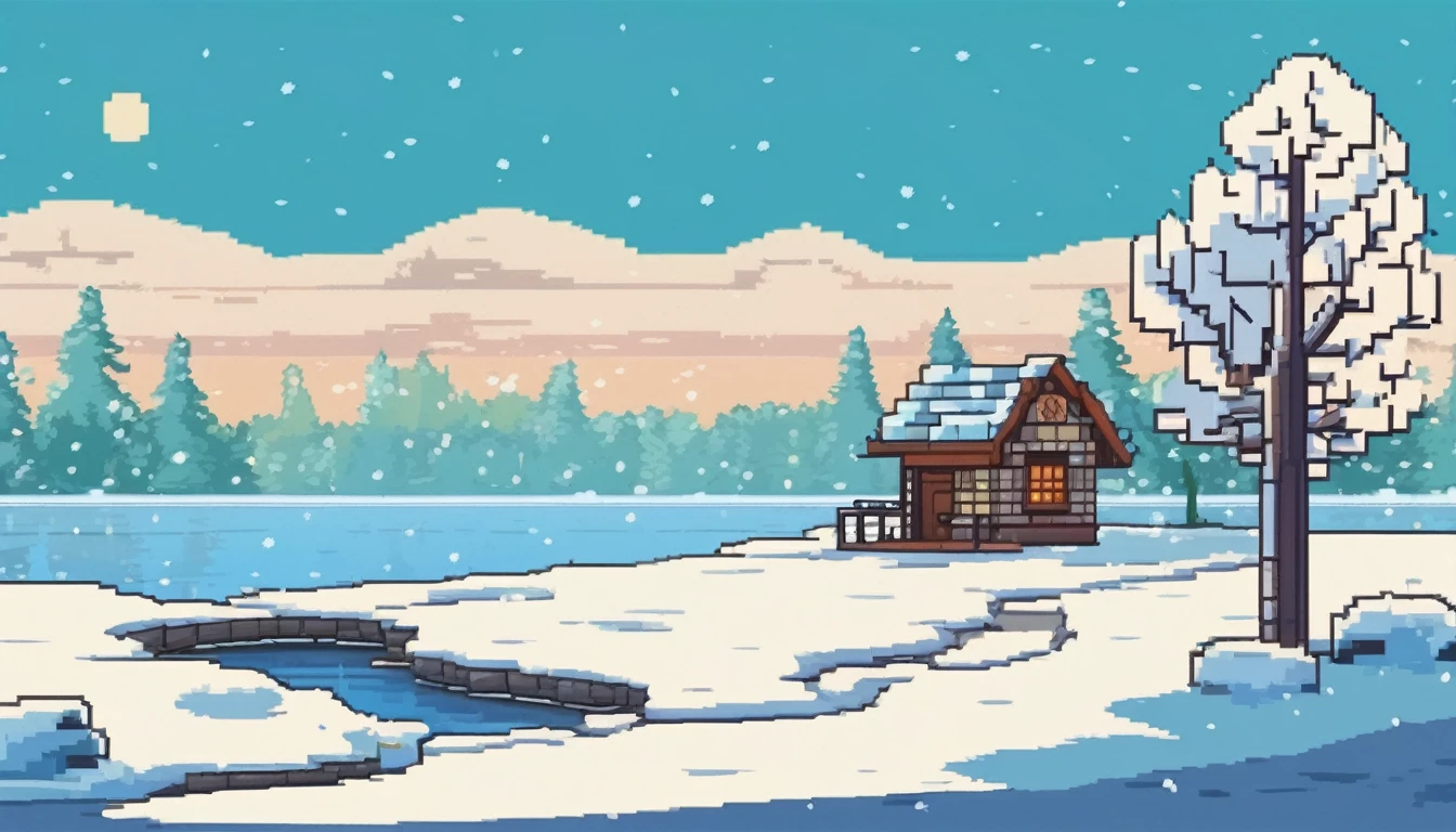 a snowy themed backyard with a tree without leaves, a small stable, a stone path and frozen lake in the distance background multiple texture spritesheet, pop-art-and-cartoon-style themed, 2d side scroller game, front view, pixel art
