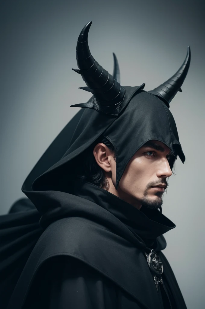 Man with black cape and black hood with horns on his head with a dragon on his back