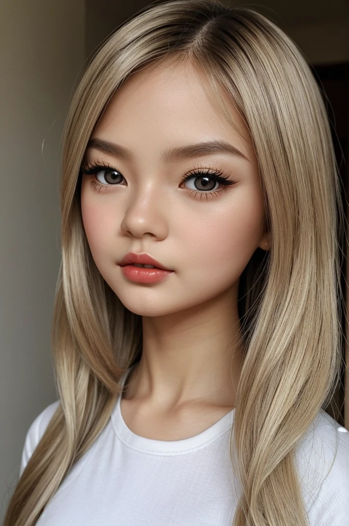 ((best quality)), ((masterpiece)), (detailed), perfect face Specifically, I want a blythe doll with white skin, slightly slanted eyes (Asian), slightly wavy, long, ash blonde hair, strictly NO bangs, I don't want hair on the forehead!!!!, light brown eyes, dark brown eyebrows, small nose and pointed, thick lips with red lipstick, the doll must wear a black t-shirt with thin straps, and send a kiss as a pose