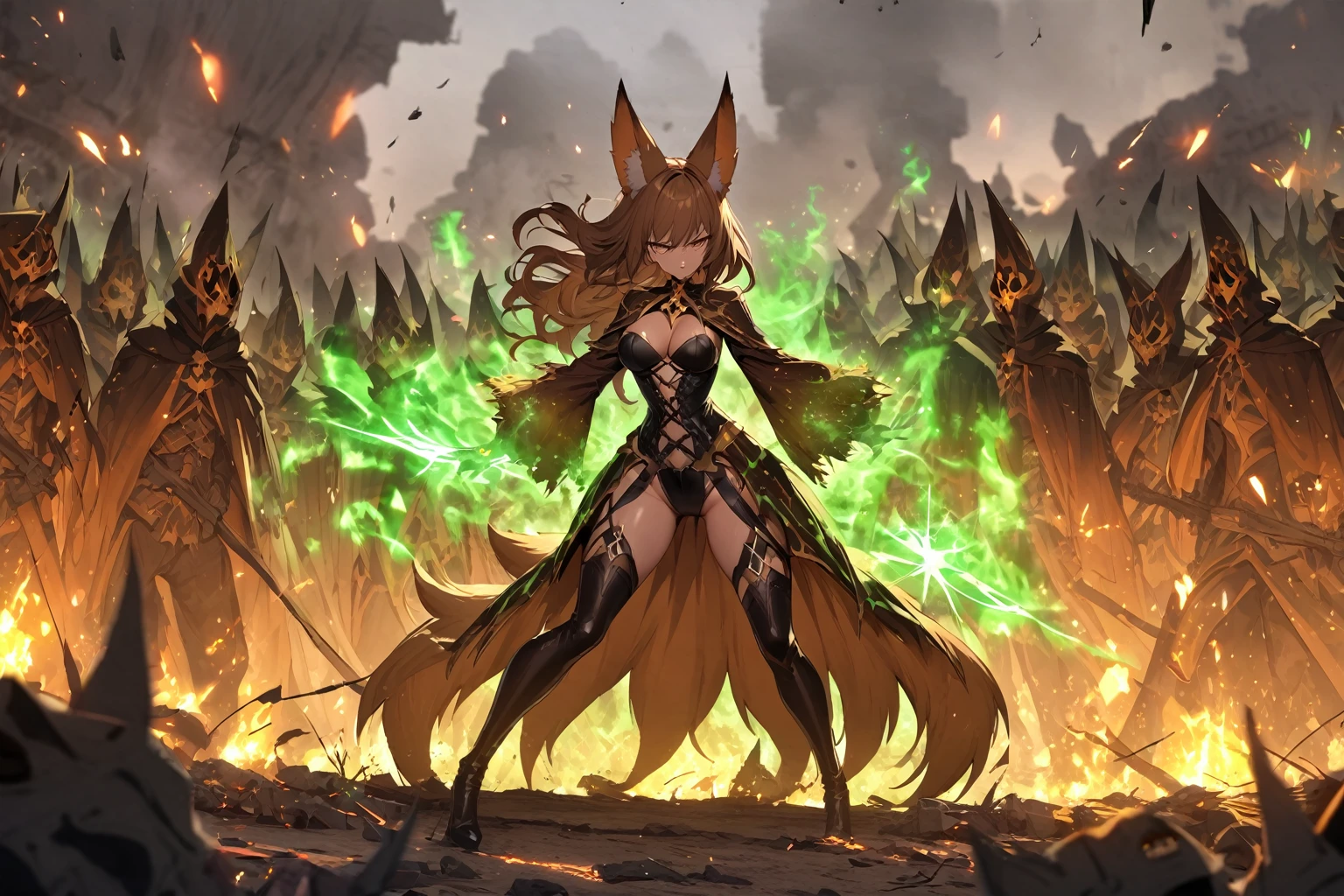 hand drawing, high detail, kitsune necromancer on a battlefield, using magic to raise the dead, sexy outfit, brown hair, brown eyes, evil, green magic, foxtail