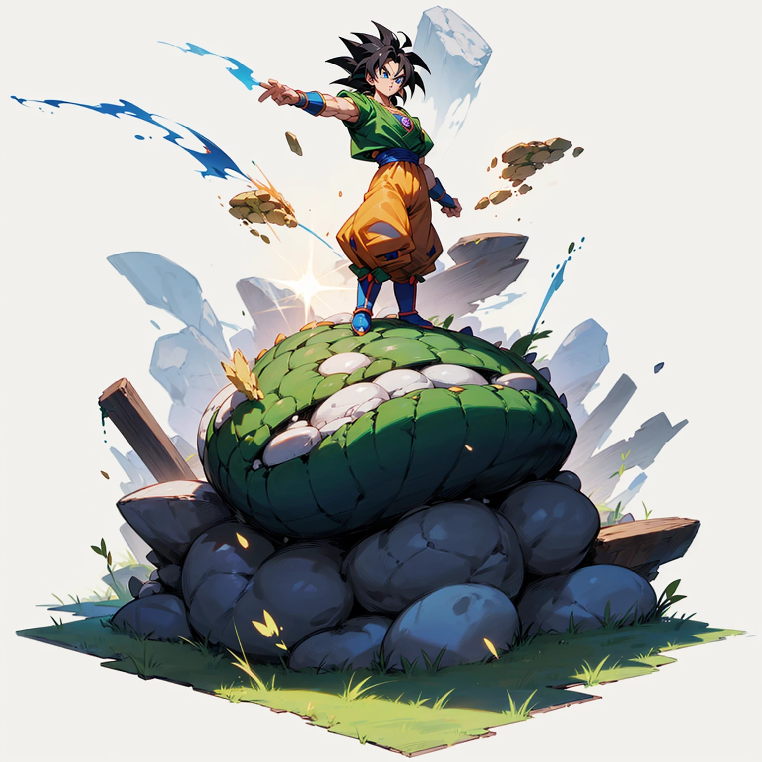 (Random Evolution, broly dragon ball z mixed with Stones), full body version, full black and white colour skins, (blue eyes, black hair), (Grassroots oil), Oil, change background 