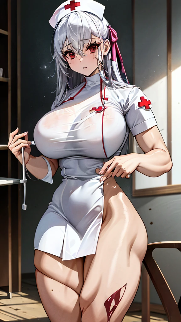 Masterpiece artwork, highest quallity, More details, 1 girl, BREAK, horor, (Little injured girl, bloodstains, bleeding, injury), Bright white hair, red eyes like jewels, anime highlighted eyes, (nurse uniform: 1.4), (White tight miniskirt: 1.2), white hose, clothes with scars, dirt clothes, roupas manchadas de bloodstains, scarred skin, battle damage, bandaged arms, bandaged legs, (yandere: 1.2), BREAK, The background is a modern hospital, a collapsing hospital, BREAK , fully body, film lighting, Action Movie Poster, dynamic, beautiful action actress, motion-blur, Depth of field, 35mm, Sony FE, 1girl, musculosa extremely muscular, extremely muscular, extremely large physique, pernas extremely musculars, braços extremely muscular, extremely sex, e muscular, extremely sex, extely muscular, extremely large physique, pernas extremely musculars, braços extremely muscular, very muscular, sensuous,