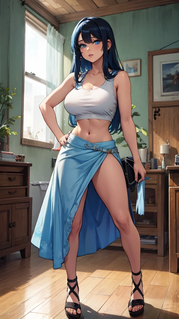 A sexy girl, beautiful beauty, light blue hair, her big round blue eye, light pink lip, she wears a white sleeveless shirt, shows her navel, and a long blue skirt with a long heel, black hair, wearing a pussy. 