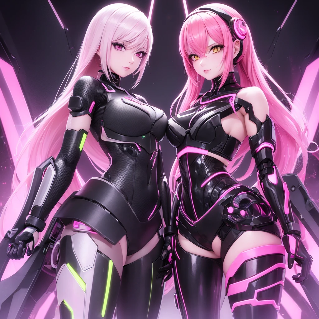 Two sexy Android girls posing next to each other back to back with a half turn they have long pink hair in a pink suit with small yellow elements the woman is half a cyborg modification Beautiful sexy with bright yellow eyes stands at full height with a half turn sideways Anime Style black background Cyberpunk style, Robot Girl, black background image of night black city and pink neon lights