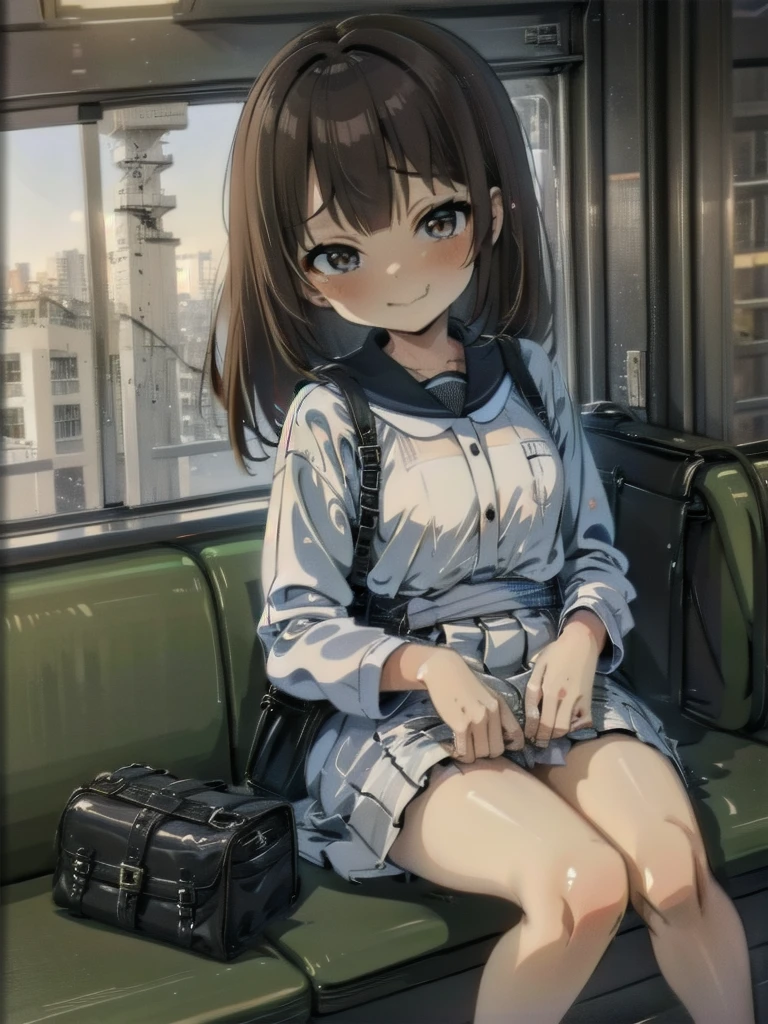 (1) sitting alone on a long train seat,Sit with your legs apart,Showing white panties, Composition from the front,Low Angle,
(2) I&#39;There is a JK, She is wearing a miniskirt uniform, Sailor suit and loose socks.,
(3) I have medium length brown hair,
(4) Provocative, smirking expression.,
(5) The location is a long seat on the Yamanote Line at night..,There are no other customers,The view outside the window is the night view of the city.