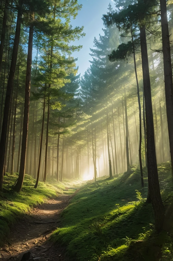 A painting of light from a house leaking through the gaps between the trees in a forest