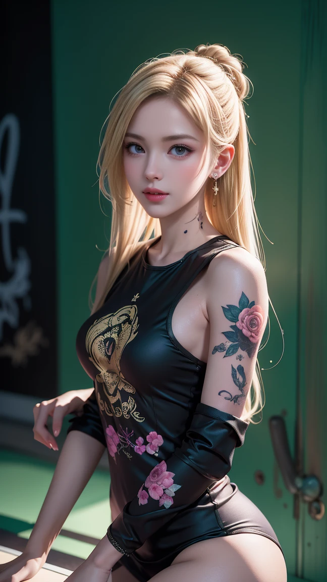 highly detailed portrait of blonde tatto girl mini dress by atey ghailan, by greg rutkowski, by greg tocchini, by james gilleard, by joe fenton, by kaethe butcher, gradient green, black, purple, neon color scheme, grunge aesthetic! ! ! graffiti tag night club wall background, (Masterpiece:1.3), (best quality:1.3), 