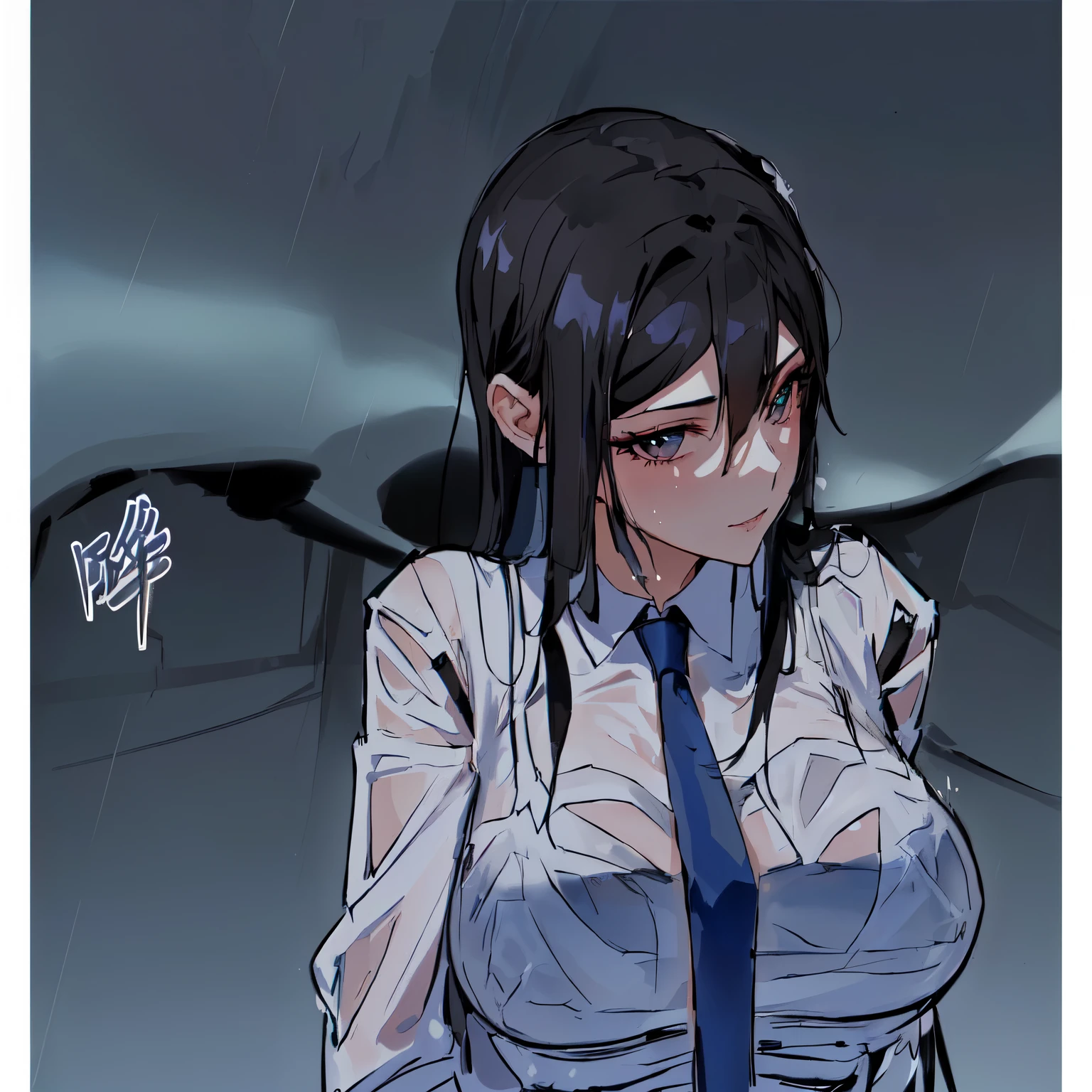 girl with long hair, Bblack hair e mechas roxa, long hair, black hair ((Bblack hair)) sultry gaze, lovely eyes, provocative smile (Bblack hair escuro) Lots of details in the clothes, detailed light and shadow, 8K, Perfect anime, , big , very sensual, big , very sensual, wet , black bra, transparent wet clothes