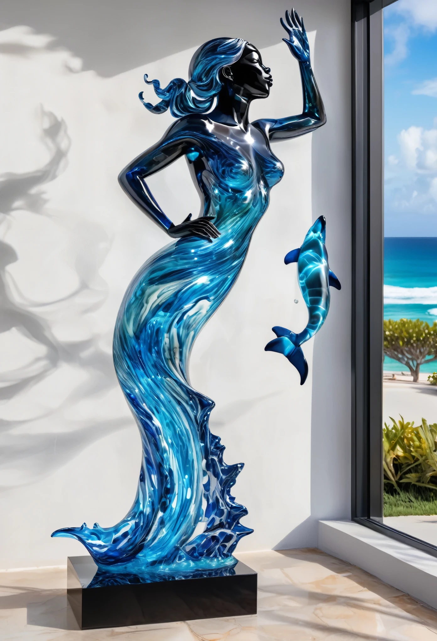 a glass sculpture art attached to a building wall, a glass sculpture art of a black woman stretching her left hand until she touches the nose of a happy dolphin, the glass sculpture is highly detailed with ocean waves included, 32k, ultra HD