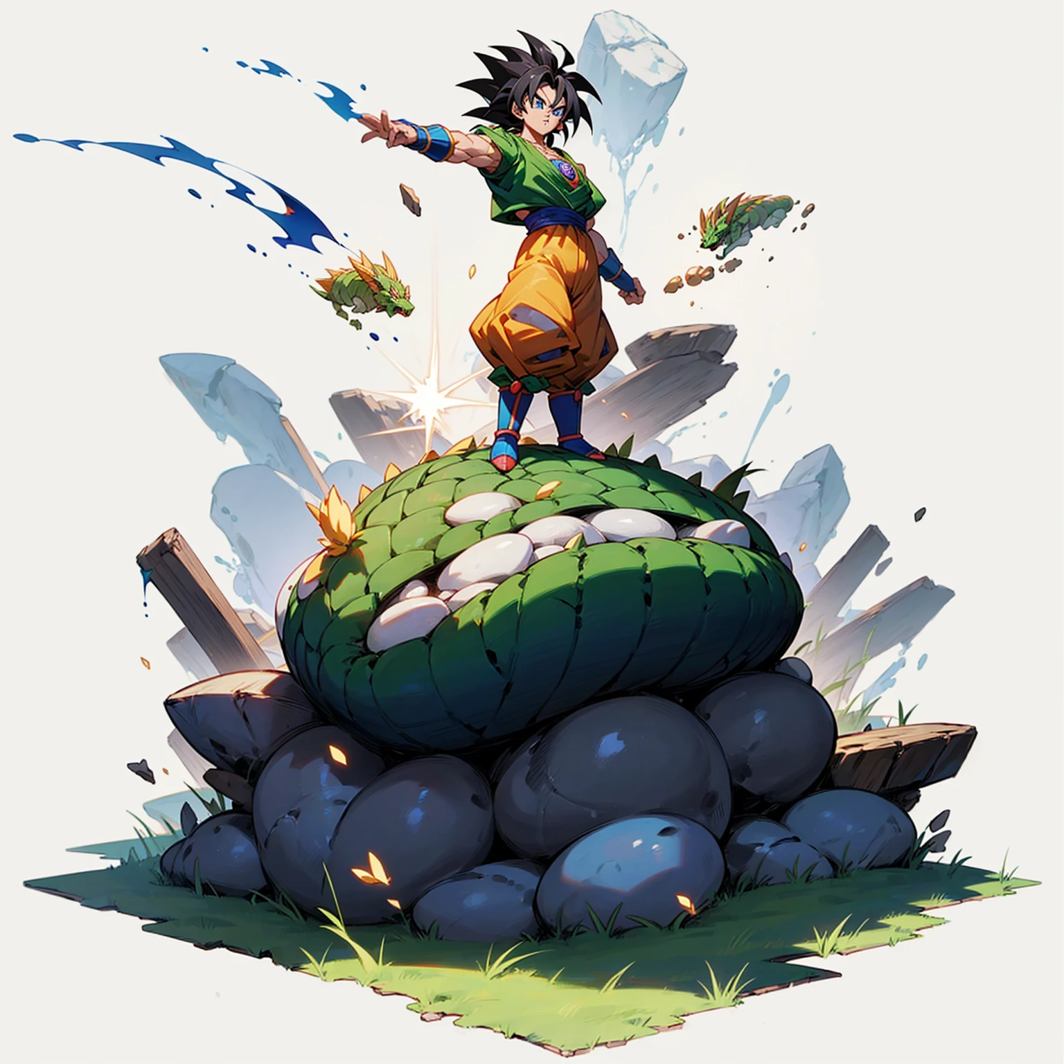 (Random Evolution, broly dragon ball z mixed with Stones), full body version, full black and white colour skins, (blue eyes, black hair), (Grassroots oil), Oil, change background 