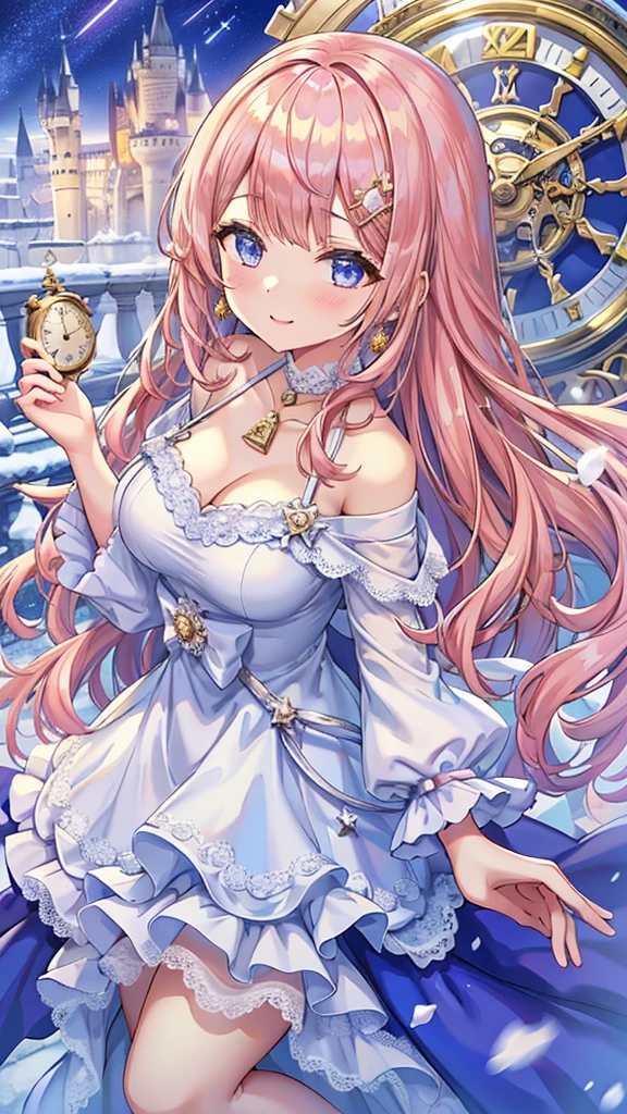 Masterpiece、Highest quality、Super detailed、1 girl、Light pink hair、Fluffy and soft long hair、Starry Skyのような瞳、Big Tits、Cleavage、Castle、snow、12 o'clock clock clock、Starry Sky、Shimmering dresses、smile、Earrings、choker、Lace cape、Light blue fluffy dress