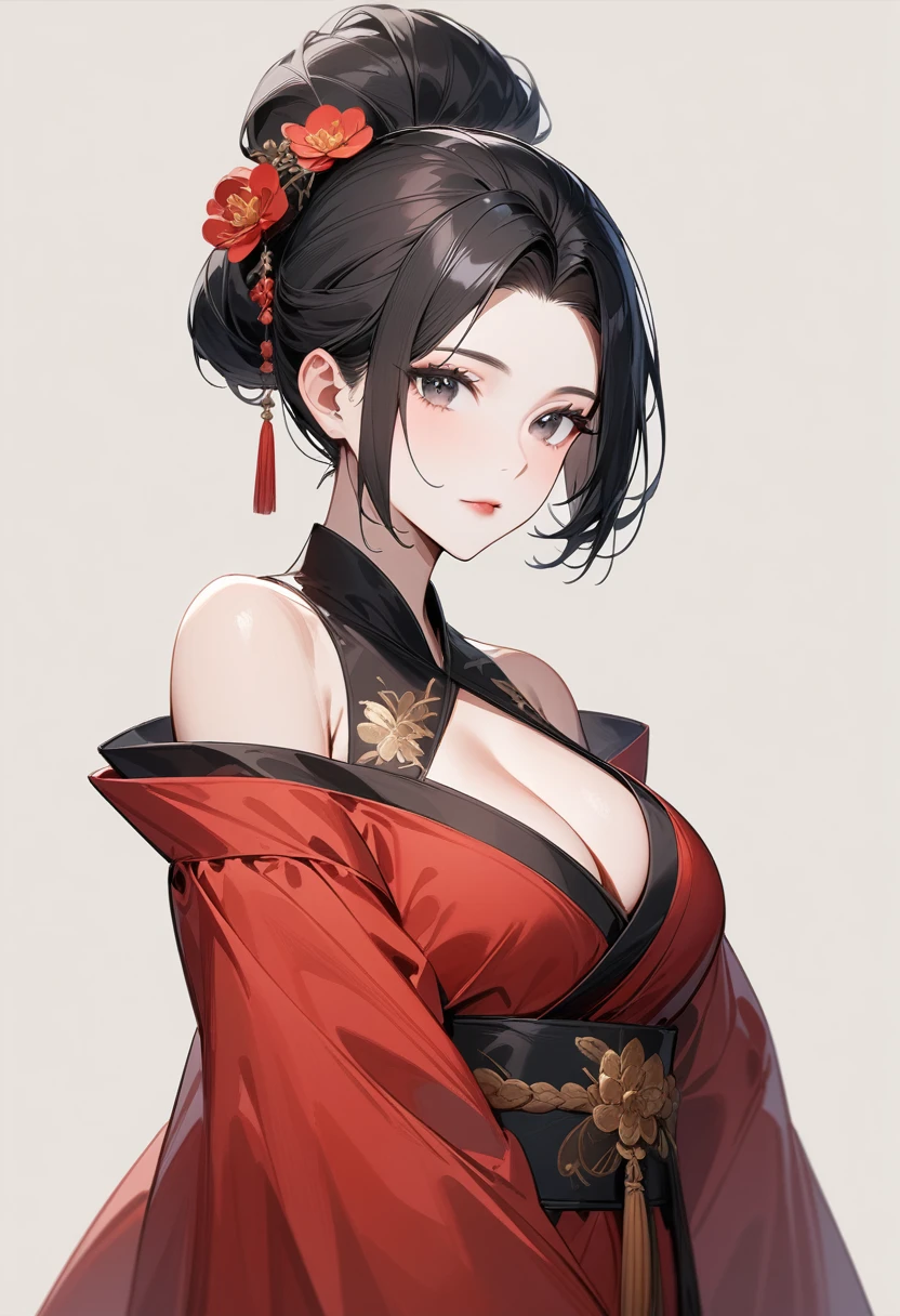 Mature women，Black long hair，Hair up，Red Hanfu，Showing cleavage，Show your shoulders，Beautiful black eyes，Extremely detailed，high resolution，Simple background