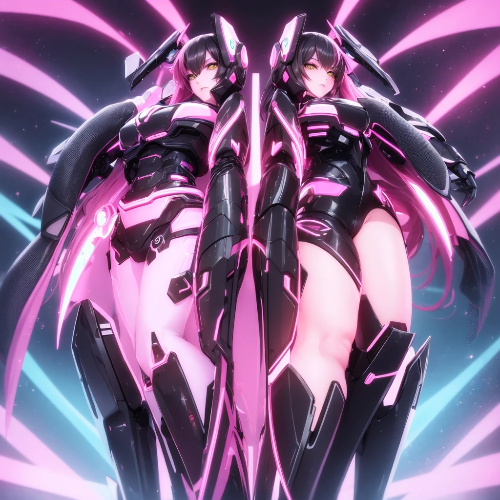 Two sexy Android twin girls posing next to each other back to back with a half turn they have long pink hair in a pink suit with small yellow elements the woman is half a cyborg modification Beautiful sexy with bright yellow eyes stands at full height with a half turn sideways Anime Style black background Cyberpunk style, Robot Girl, black background image of night black city and pink neon lights