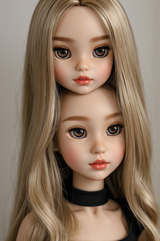 ((best quality)), ((masterpiece)), (detailed), perfect face Specifically, I want a blythe doll with white skin, slightly slanted eyes (Asian), slightly wavy, long, ash blonde hair, strictly NO bangs, I don't want hair on the forehead!!!!,  brown eyes, dark brown eyebrows, small nose and pointed, thick lips with red lipstick, the doll must wear a black t-shirt with thin straps, and send a kiss as a pose