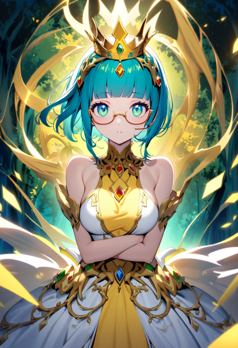 a young queen, short hair, (((yellow under-rim glasses:1.3))), headphone, Blunt bangs,a golden crown made of roots and precious stones. She wears a beautiful tight white dress, which highlights her silhouette and her full breasts, her hair is green and her eyes are blue, she looks towards the viewer, and around her is a beautiful background of a mystical and magical forest.