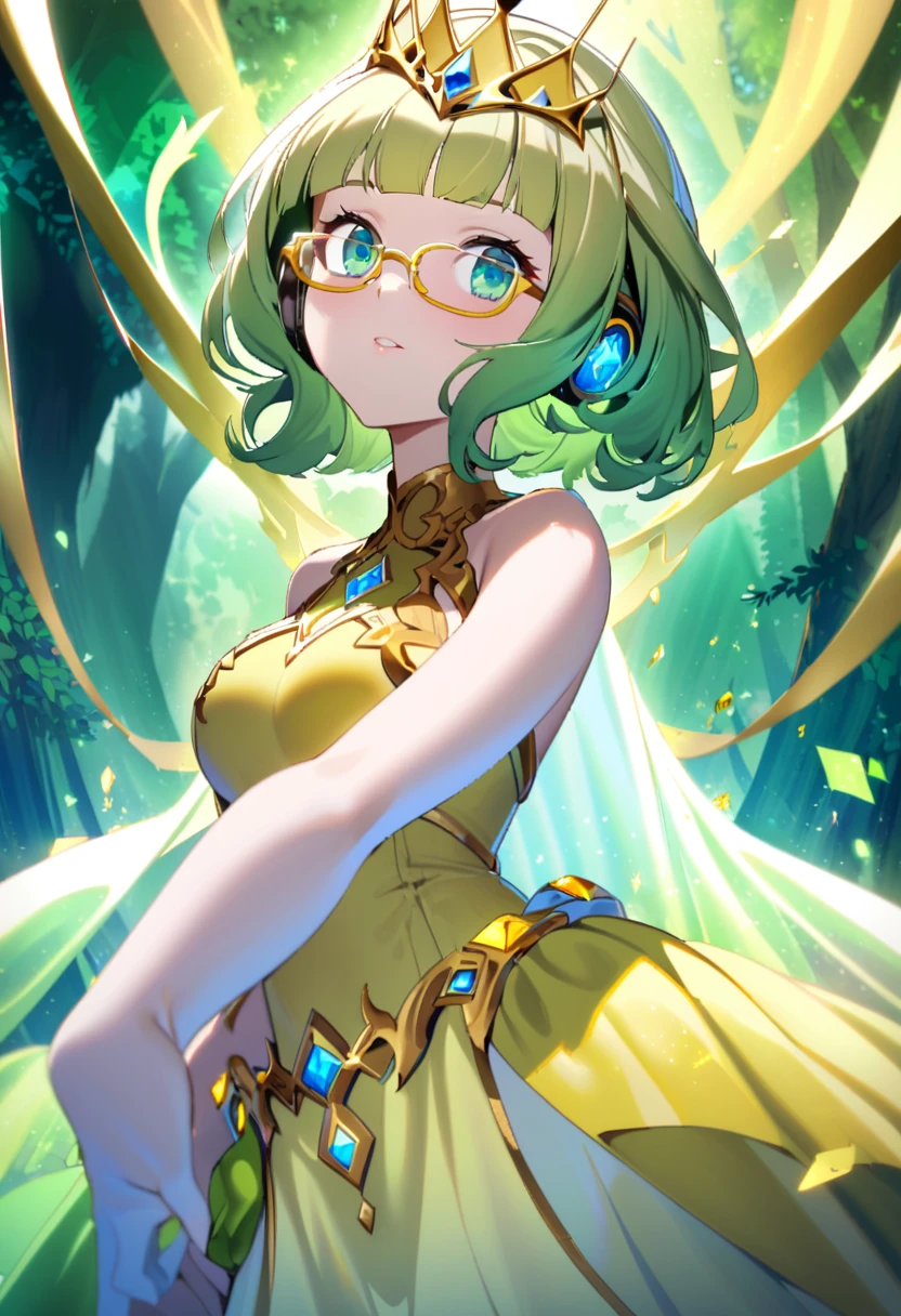 a young queen, short hair, (((yellow under-rim glasses:1.3))), headphone, Blunt bangs,a golden crown made of roots and precious stones. She wears a beautiful tight white dress, which highlights her silhouette and her full breasts, her hair is green and her eyes are blue, she looks towards the viewer, and around her is a beautiful background of a mystical and magical forest.