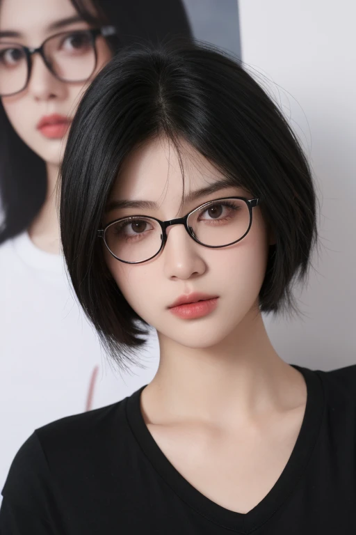 black hair, layer hair, tomboyish hair, white skin, hunter eyes, high nose, heart shaped lips, zoom in the face, glasses, loose black t-shirt, in room 
No hand