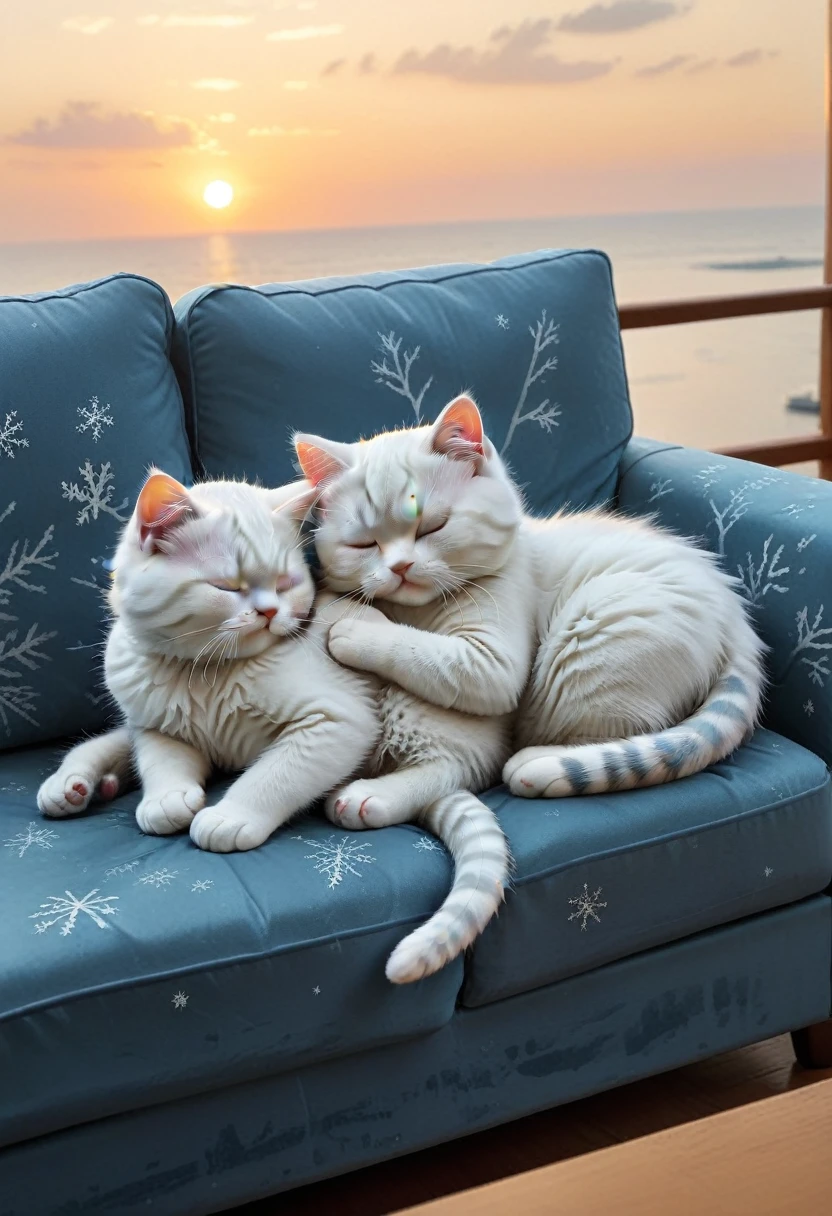 With the sunset in the background,(masterpiece:1.2, high quality),Sleeping frozen on the sofa２Kittens、