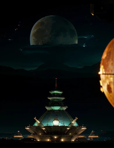 The place is lit, clearing , giorno , The gigantic spacecraft approaches the gigantic Moon Europa. In the background immense galaxy and nebulae.