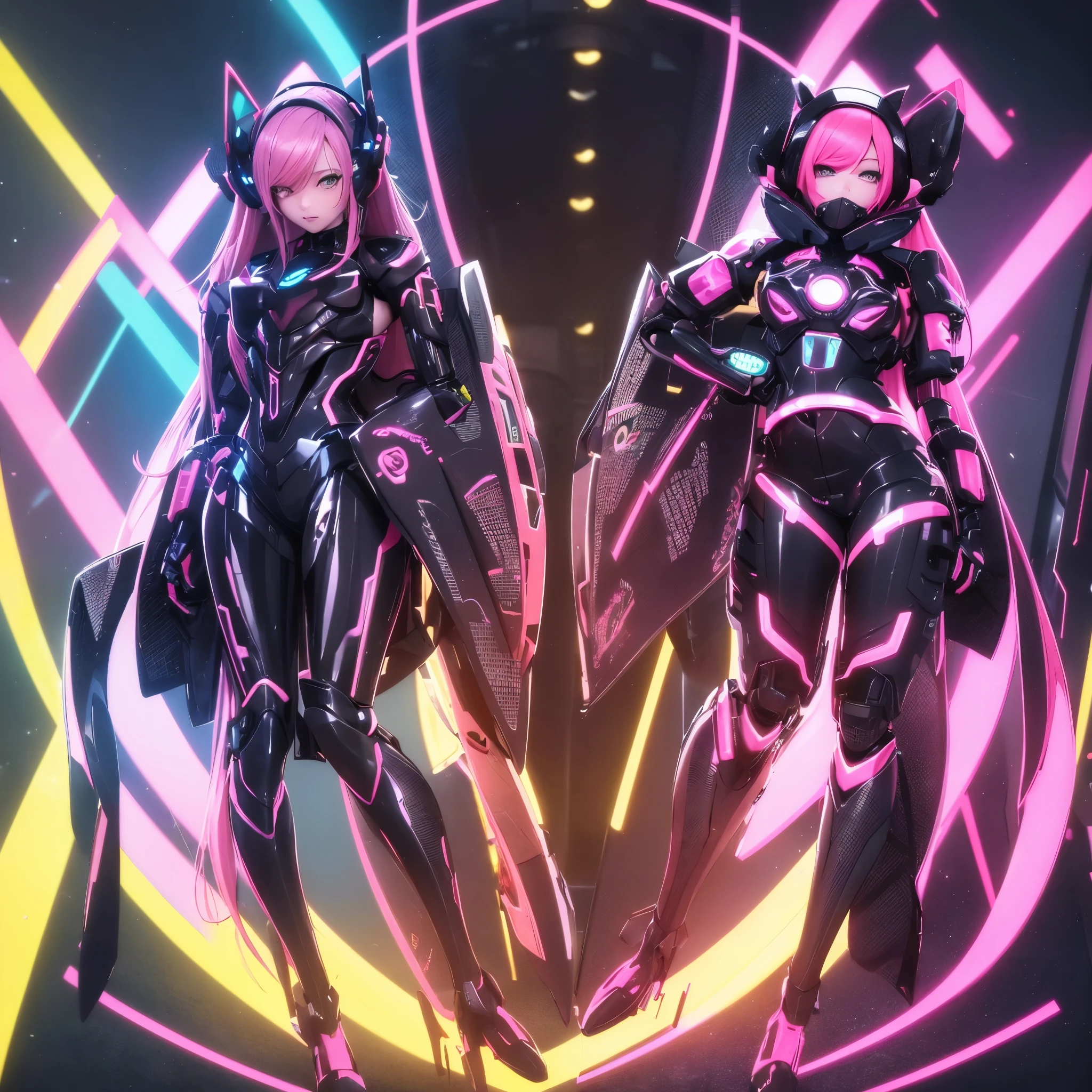 Two sexy Android girls posing next to each other back to back with a half turn they have long pink hair in a pink suit with small yellow elements the woman is half a cyborg modification Beautiful sexy with bright yellow eyes stands at full height with a half turn sideways Anime Style black background Cyberpunk style, Robot Girl, black background image of night black city and pink neon lights