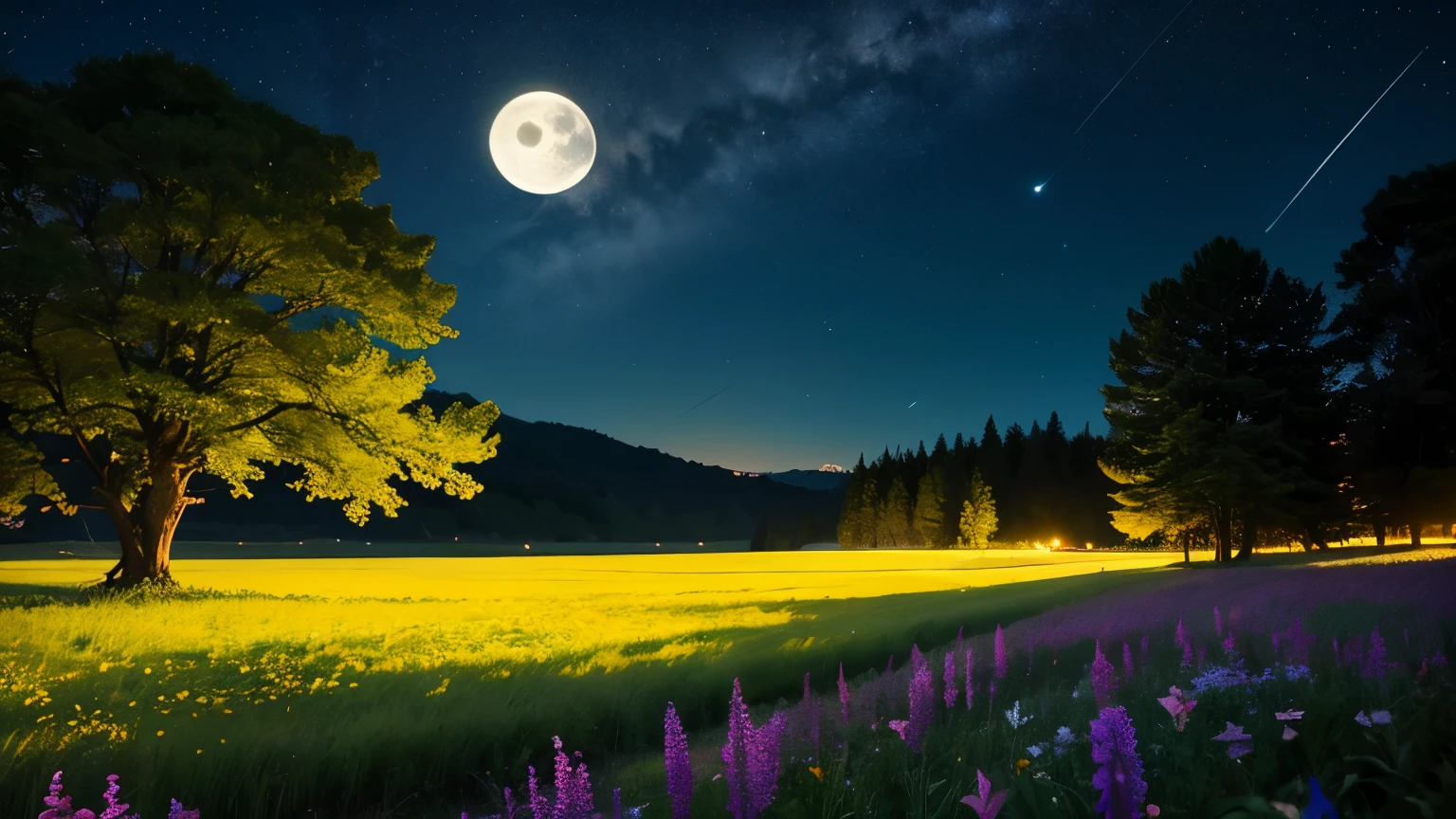 A fantastic night meadow、Summer steppe、Trees in the distance々There ioonlight、A starry sky