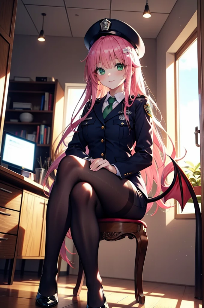 Lara Deviluke, Lara Deviluke, Long Hair, Pink Hair, tail, Ahoge, bangs, hair ornaments, (Green Eyes:1.5), smile,blush,Open your mouth,demon tail,Police hat with black rimmed glasses,Sexy police uniform,Black pencil skirt, black pantyhose,Stiletto heels,sitting cross-legged on a chair,There is a computer on the table,interior,whole bodyがイラストに入るように,
break outdoors, office 
break looking at viewer,whole body,
break (masterpiece:1.2), Highest quality, High resolution, unity 8k w全てpaper, (shape:0.8), (beautiful detailed eyes:1.6), extremely detailed face, Perfect lighting, extremely detailed CG, (Perfect hands, Perfect ???????),