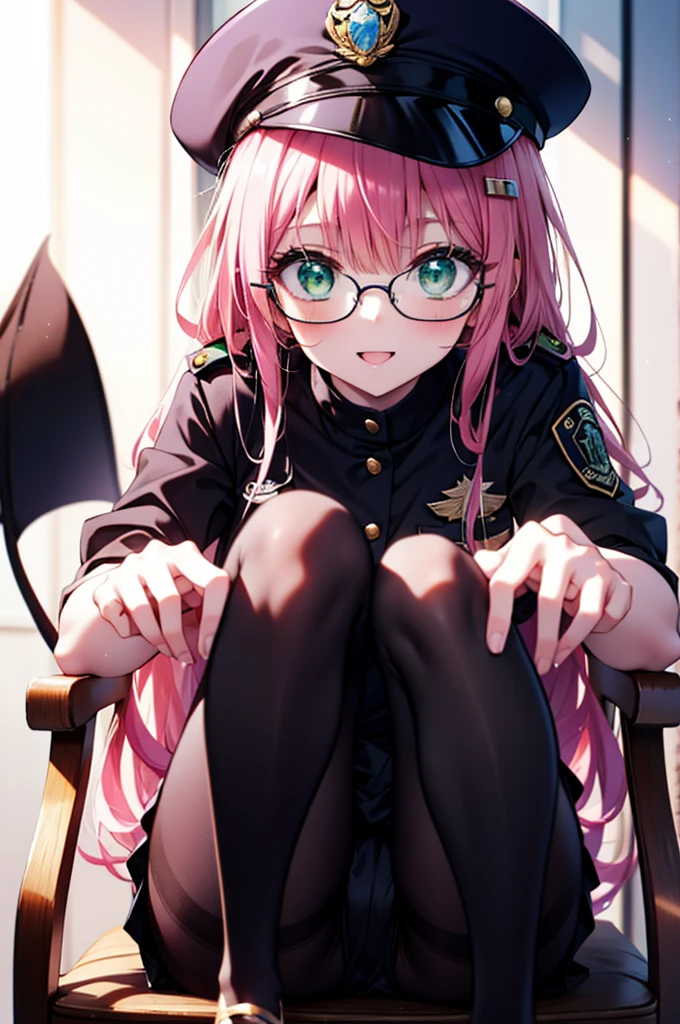 Lara Deviluke, Lara Deviluke, Long Hair, Pink Hair, tail, Ahoge, bangs, hair ornaments, (Green Eyes:1.5), smile,blush,Open your mouth,demon tail,Police hat with black rimmed glasses,Sexy police uniform,Black pencil skirt, black pantyhose,Stiletto heels,sitting cross-legged on a chair,There is a computer on the table,interior,whole bodyがイラストに入るように,
break outdoors, office 
break looking at viewer,whole body,
break (masterpiece:1.2), Highest quality, High resolution, unity 8k w全てpaper, (shape:0.8), (beautiful detailed eyes:1.6), extremely detailed face, Perfect lighting, extremely detailed CG, (Perfect hands, Perfect ),