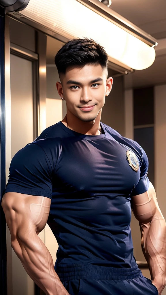 korea male male model sit on the table , big muscles, handsome, cool, smoothly combed hair, pierced ears, wearing a t-shirt navy top, holding a lollipop, portraiture, modeling, dynamic pose, Japanese street, late at night, store lights trade, full half body shot, smile open mouth, fullbodypolice officer, Korean Men ,facial hair, Full body, ,(Police badge) ,(Torn navy round neck shirt), (Navy blue round neck shirt.), (Abrasions on the body....: 1.3), (Navy Cargo Pants: 1.3), Short Hair Hair, (High shadow detail),Pectoral muscles, Big arm muscles, blood vessel, Big muscles, Wide shoulders, Abrasions on the body...., Abrasions on the face, nighttime , fire truck