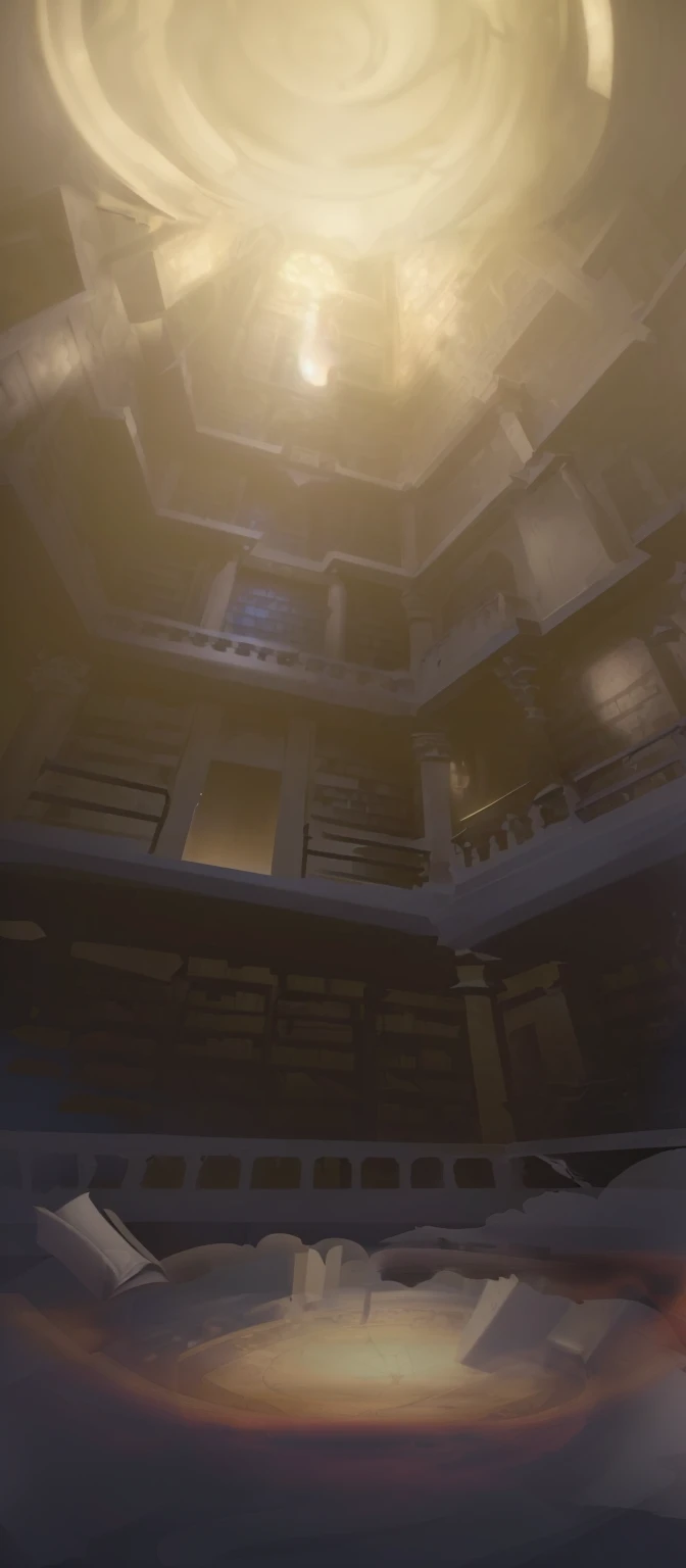 there is a picture of a room with a ceiling and a clock, dusty library, gloomy library, detailed lighting and textures, gothic epic library concept, dramatic lighting. concept art, unreal engine. retro film still, library of ruina concept art, dark library, detailed textures and lighting, rendered lighting, alchemist library background, ancient library, old library, rendered in unreal