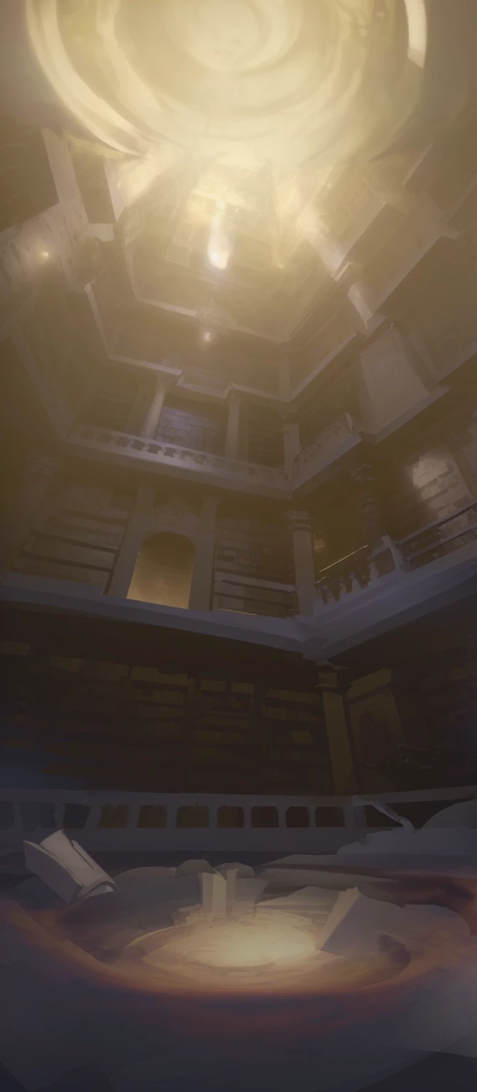 there is a picture of a room with a ceiling and a clock, dusty library, gloomy library, detailed lighting and textures, gothic epic library concept, dramatic lighting. concept art, unreal engine. retro film still, library of ruina concept art, dark library, detailed textures and lighting, rendered lighting, alchemist library background, ancient library, old library, rendered in unreal