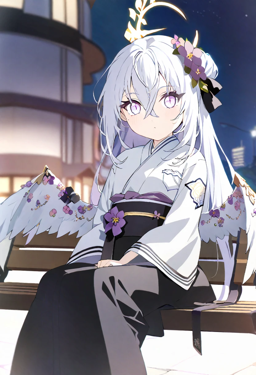 azusa \(blue archive\),1girl alternate_costume alternate_hairstyle angel_wings bench blurry braid braided_bun building depth_of_field feathered_wings flower hair_between_eyes hair_bun halo japanese_clothes kimono lamppost long_hair long_sleeves looking_at_viewer night night_sky obi obiage park park_bench purple_eyes sash sidelocks single_hair_bun sitting sky skyline skyscraper solo star_(sky) starry_sky stuffed_toy tree v_arms white_hair white_wings wide_sleeves wings yukata