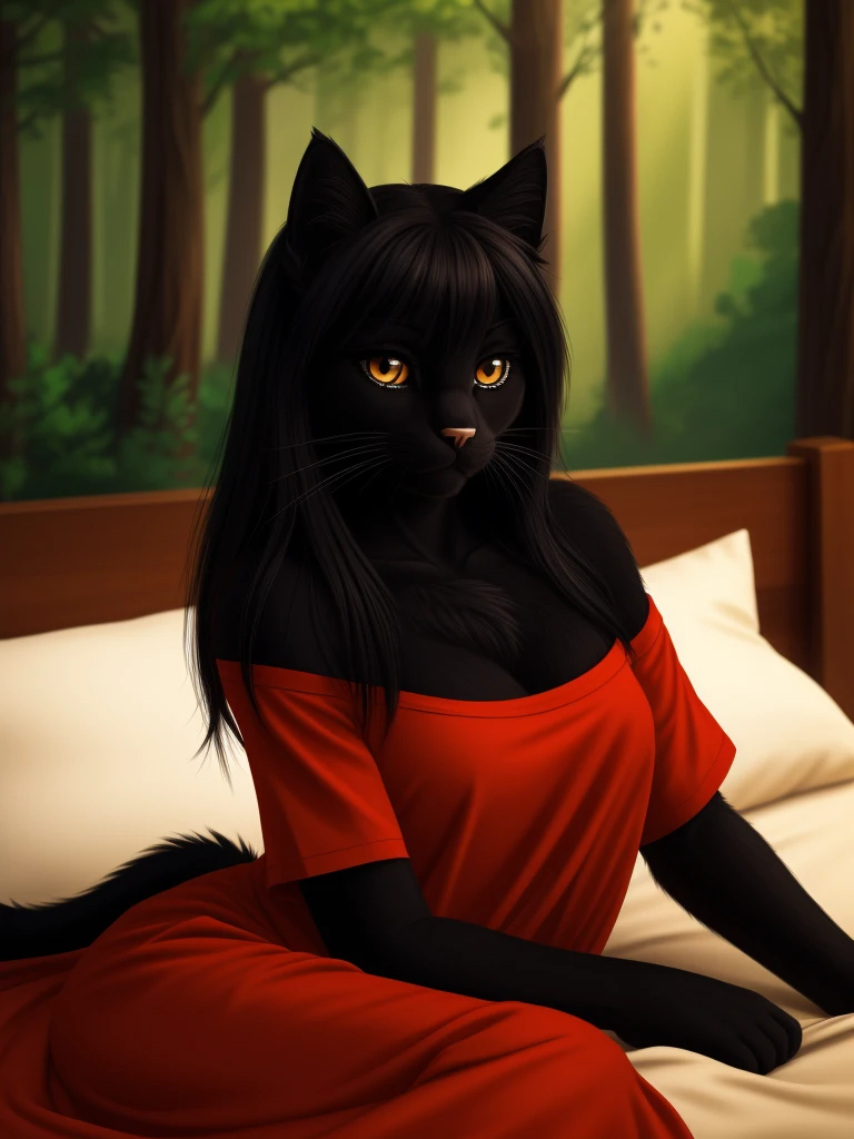 Posing, lying in bed, Female, 30 years old, cute, eyeliner, long hair, sad, red dress, bedroom eyes, anthro, cat ears, (black fur:1.5), baggy shirt, cat, forest background, 8k, hi res, (best quality, masterpiece), amber eyes