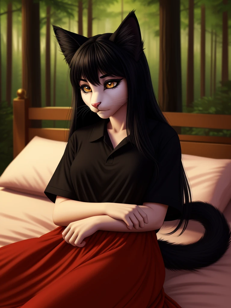 Posing, lying in bed, Female, 30 years old, cute, eyeliner, long hair, sad, red dress, bedroom eyes, anthro, cat ears, (black fur:1.5), baggy shirt, cat, forest background, 8k, hi res, (best quality, masterpiece), amber eyes