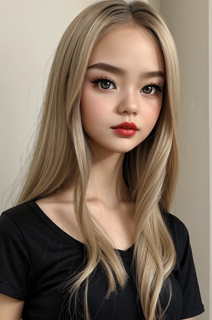 ((best quality)), ((masterpiece)), (detailed), perfect face Specifically, I want a blythe doll with white skin, slightly slanted eyes (Asian), slightly wavy, long, ash blonde hair, strictly NO bangs, I don't want hair on the forehead!!!!,  brown eyes, dark brown eyebrows, small nose and pointed, thick lips with red lipstick, the doll must wear a black t-shirt with thin straps, and send a kiss as a pose