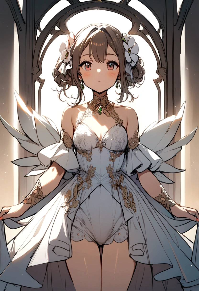 1young_Teen_ girl,brown_hair,Moderate_Bob_hair,See through_white_leotard,Covered_,,thigh,Huge_,smile,Open_mouth,Are standing,port_background,Slightly_Spread the word_feet,happiness,Browsing Caution, short_gloves ,alone, R18, belly button,