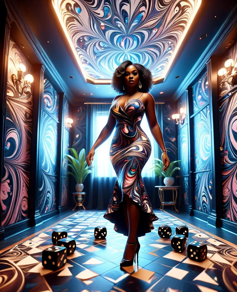 fish eye lens view shot of a curvy Black woman in a beautiful dress, standing model pose in a dice designed room, throwing dice at the viewer, with rolling dice designs on the walls, floor and ceilings, 32k ultra HD, unreal engine rendered, hyper-realistic image,