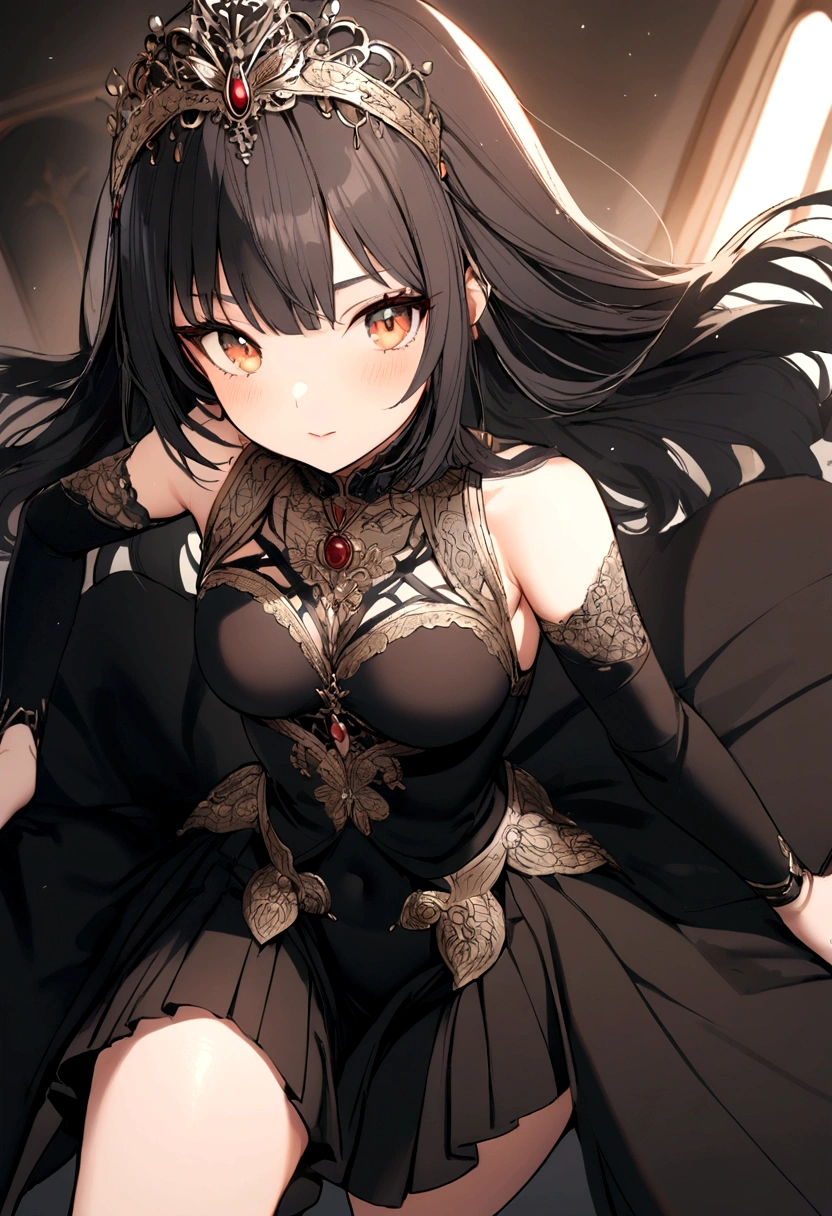 yor briar, anime style beutiful woman, 1girl, happy, smile, with sparkling eyes and a contagious smile:1.1),looking at viewer,red face, closed mouth, beautiful detailed eyes, super detailed skin, backlighting, bare shoulders, black background, black dress, black gloves, black hair, breasts, dress, earrings, fingerless gloves, floating hair, floral print, flower, gloves, gold earrings, gold hairband, hair flower, hair ornament, hairband, holding, holding weapon, jewelry, large breasts, long hair, looking at viewer, off-shoulder dress, off shoulder,red eyes, short hair with long locks, sidelocks, solo, spikes, thighs, two-sided dress, two-sided fabric, weapon, fighting stance , face, close up, from above, highest quality, high resolution.