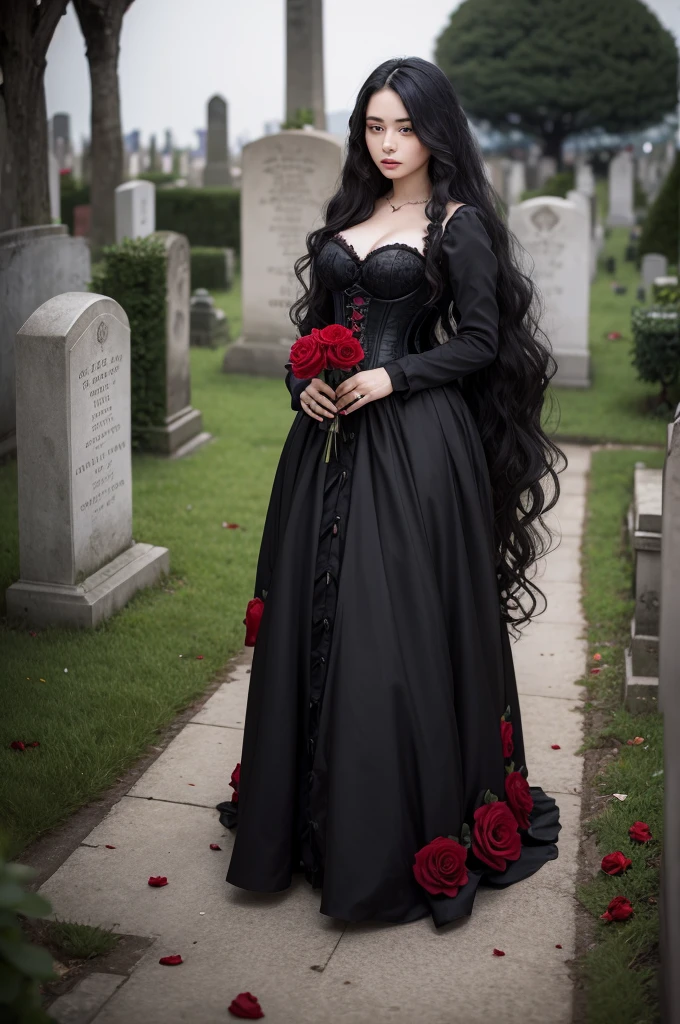 Adult woman in the cemetery at dawn long wavy hair with a red rose as decoration, a black corset and a long black skirt she holds a red rose in both hands she is tall