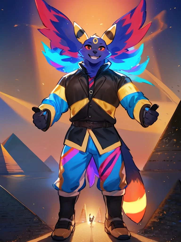 A umbreon riding a giant flying zamazenta over the Great Pyramid while playing Switch and wearing a colorful suit full of glitter. By bebebebebe, by lostgoose, by goonie-san