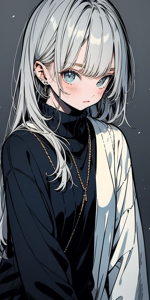 Beautiful youth, Shoulder-length hair, Straight hair, Dull light blue hair, White High Neck Sweater, Long, narrow eyes, Grey Eyes, I touch your head, Front view, Composition from the waist up, Nice, good looking,high quality, elicit amount, Pixiv illustration