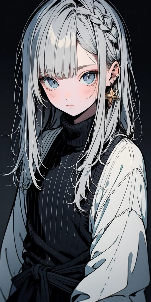 Beautiful youth, Shoulder-length hair, Straight hair, Dull light blue hair, White High Neck Sweater, Long, narrow eyes, Grey Eyes, I touch your head, Front view, Composition from the waist up, Nice, good looking,high quality, elicit amount, Pixiv illustration
