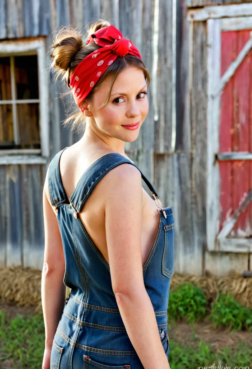 m1ag0th woman, hair bun, red bandana, wearing only overalls, in a barn, pearl movie