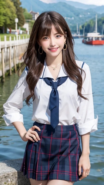 8K, Ultra HD, masterpiece, Very realistic, 1 Girl,smile,18-year-old, high school student,Nice face, Very long hair, Big eyes,blue eyes, Detailed lips, Medium Chest, Very beautiful uniform sailor suit, Tartan skirt and tie,The face of a young and cute gravure idol,Knee-high tights,Black Loafers,whole body,necklace, Earrings, Lakes and mountains々You can see, landscape,smile,