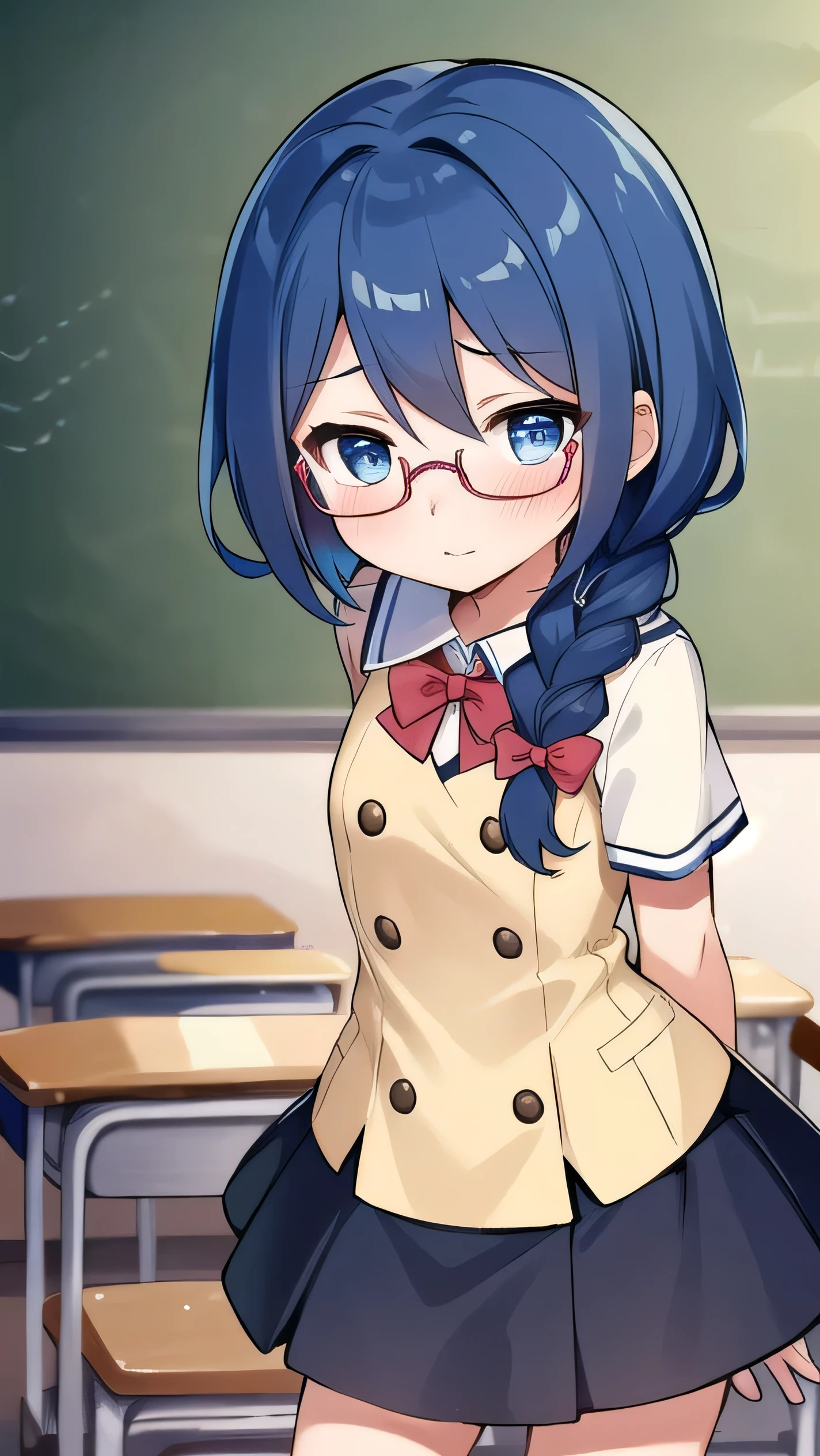small breasted girl, short, elementary school student, blue hair, single braid, blue eyes, round eyes, shy, shy, classroom, short, young face, short height, , glasses with no edges,flat chest,